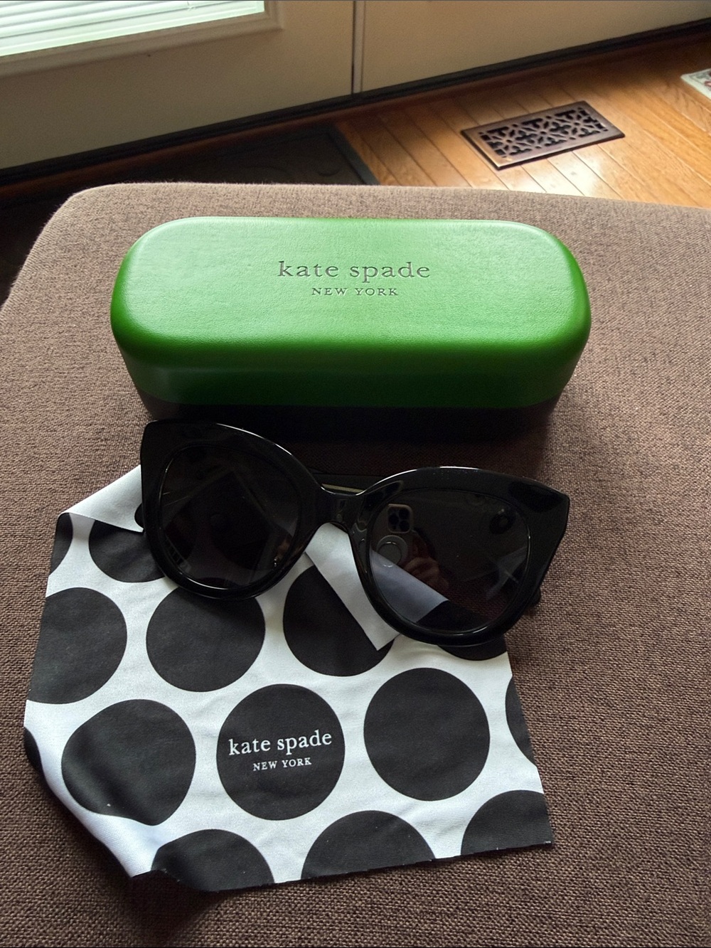 kate spade Black Cat-Eye Sunglasses with Bright Green Hard Case